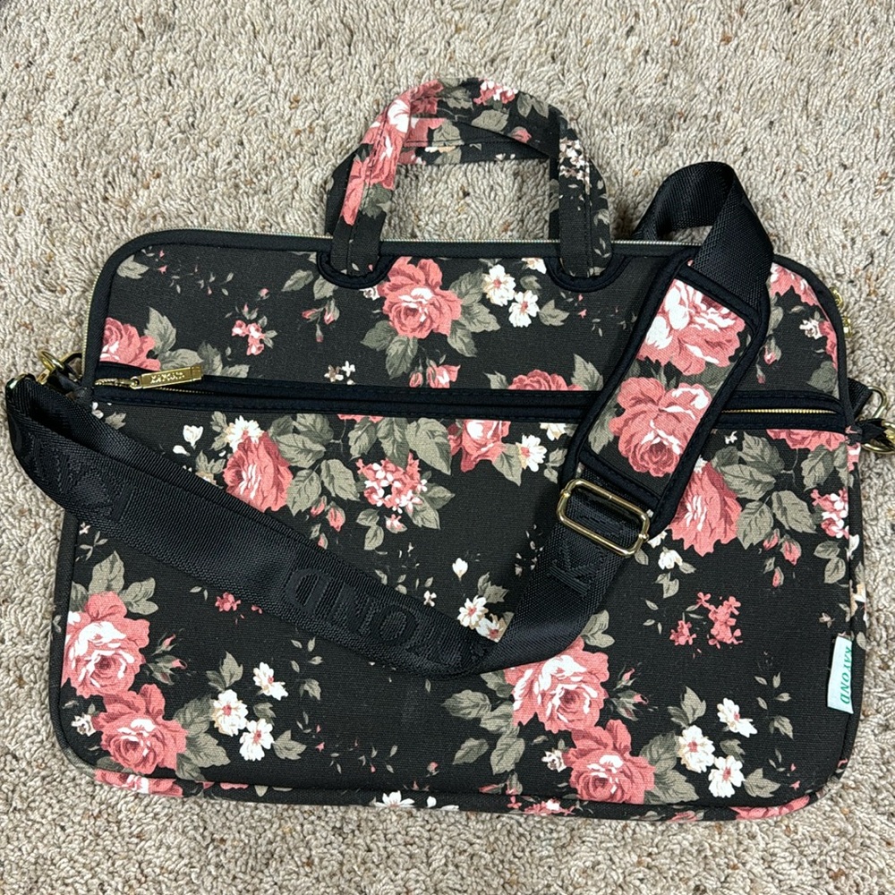 Black Floral Canvas Laptop Bag